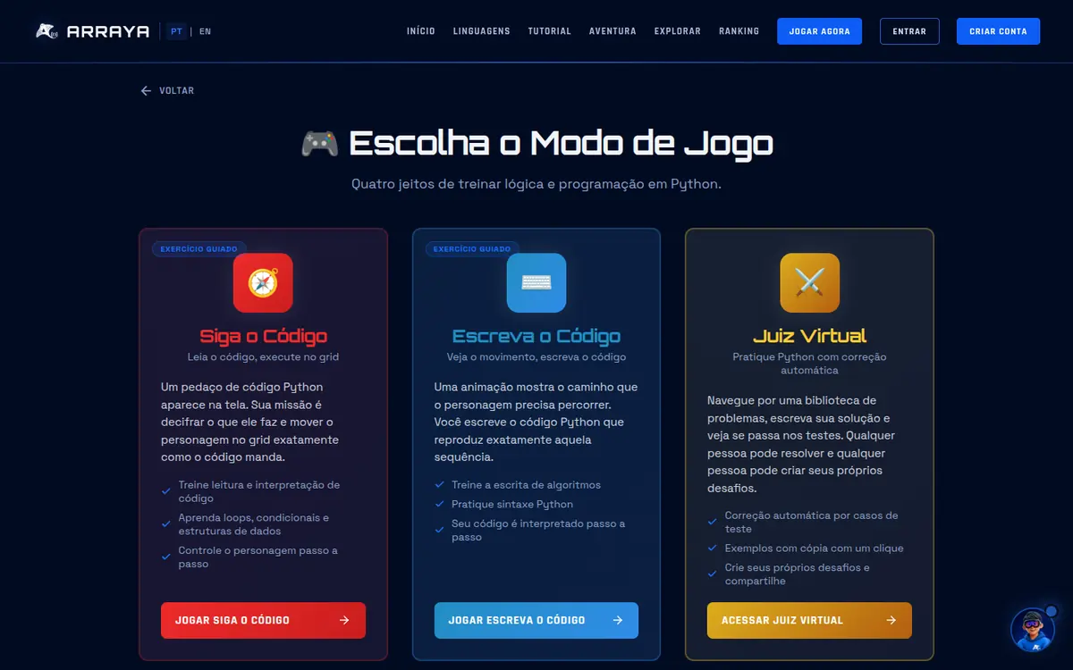 Escolha do modo de jogo: Siga o Código, Escreva o Código e Juiz Virtual