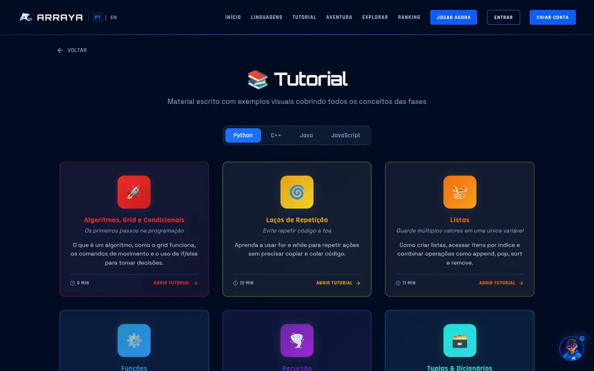 Tutoriais por conceito: algoritmos, laços, listas, funções, recursão